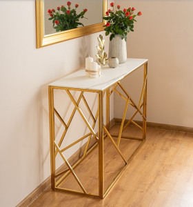 CONSOLA ESCADA C II, 120 CM, EFECT DE MARMURA ALBA/AURIU, BLAT DIN STICLA SECURIZATA SI CADRU DIN METAL, STIL MODERN - Img 2
