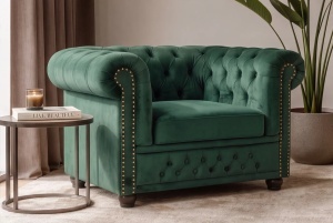 FOTOLIU CHESTERFIELD, REALIZAT DIN LEMN SI TEXTIL CATIFEA, CULOARE VERDE SMARALD, STIL CLASIC - Img 6
