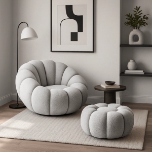 FOTOLIU ROTATIV CU POUF, ARTIM MEBLE, REALIZAT DIN MATERIAL TEXTIL BOUCLE GRI, STIL MODERN