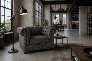 FOTOLIU STIL CHESTERFIELD, DIN LEMN SI TEXTIL FIN, CATIFEA, CULOARE GRI, INVICTA INTERIOR - Img 9