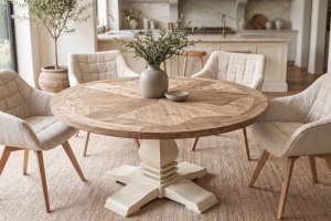 MASA DE SUFRAGERIE ROTUNDA HAMPTONS, 120CM, REALIZATA DIN LEMN DE PIN CONCORD, CULOARE MARO DESCHIS/CREM - Img 3