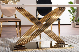 MASA DINING 160 CM, EFECT DE MARMURA ALBA/AURIU, BLAT DIN CERAMICA SI PICIOARE DIN METAL , STIL MODERN - Img 7