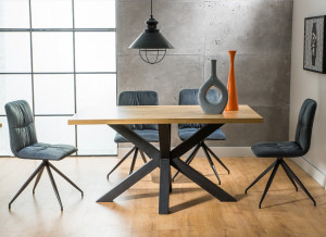 MASA DINING CROSS, 180 CM, STEJAR/NEGRU, BLAT DIN FURNIR NATURAL SI PICIOARE DIN METAL, STIL MODERN