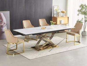 MASA DINING EXTENSIBILA,160(240)X90, EFECT DE MARMURA ALBA/AURIU, BLAT DIN CERAMICA SI PICIOARE DIN METAL , STIL MODERN