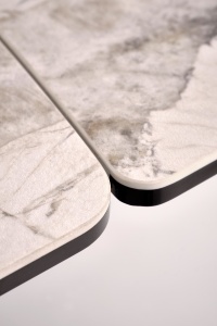 MASA DINING EXTENSIBILA BENJAMIN 160/240 CM, CULOARE BEJ/ CASMIR, BLAT DIN STICLA, CERAMICA SI PICIOARE DIN METAL, STIL MODERN - Img 5
