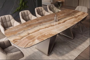 MASA DINING EXTENSIBILA INFINITY 180-220-260CM, REALIZATA DIN METAL SI BLAT DIN STICLA SI CERAMICA, CULOARE MARO/SAMPANIE - Img 12