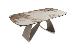 MASA DINING EXTENSIBILA INFINITY 180-220-260CM, REALIZATA DIN METAL SI BLAT DIN STICLA SI CERAMICA, CULOARE MARMURA/SAMPANIE - Img 8