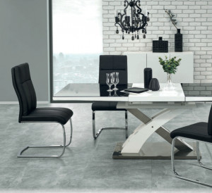 MASA DINING EXTENSIBILA SANDOR 2, ALB/NEGRU/CROM, 160/220 CM, DIN STICLA, MDF SI METAL, STIL MODERN - Img 4