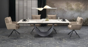 MASA DINING EXTENSIBILA STIL FERNANDO, 160/240 CM, EFECT DE MARMURA ALBA/NEGRU, DIN MARMURA SI METAL, STIL MODERN