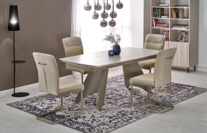 MASA DINING EXTENSIBILA STIL SALIX, 180-260/90/76 cm, CASMIR, CONFECTIONATA DIN BLAT DE TRAVERTIN SI PICIOARE DIN OTEL INOXIDABIL, STIL MODERN - Img 4