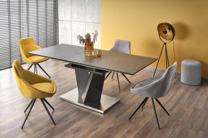 MASA DINING EXTENSIBILA STIL SALVADOR, GRI INCHIS/CROM, 160/200 CM, BLAT DIN STICLA, MDF SI PICIOARE DIN METAL, STIL MODERN