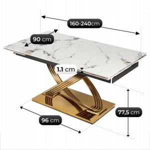 MASA EXTENSIBILA, ARTIM MEBLE 160/240CM, BLAT DIN CERAMICA SI SUPORT METALIC, CULOARE MARMURA ALBA/AURIU, STIL MODERN - Img 10