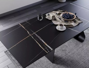 MASA EXTENSIBILA DIUNA SAHAR NOIR, 160/240 CM, EFECT DE MARMURA NEAGRA/NEGRU MAT, DIN STICLA SECURIZATA, CERAMICA SI METAL, STIL MODERN - Img 12