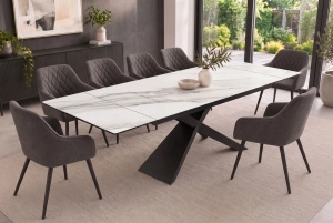 MASA EXTENSIBILA EUPHORIA 180-260CM, REALIZATA DIN METAL SI BLAT STICLA SI CERAMICA, DE CULOARE MARMURA - Img 7