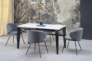 MASA EXTENSIBILA STIL FELIX, 141/201 CM, EFECT DE MARMURA ALBA/NEGRU, DIN MARMURA, STICLA SI METAL, STIL MODERN