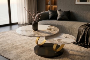 MASUTA DE CAFEA DEOSEBITA, RINGS 220CM, REALIZATA DIN CERAMICA SI METAL, CULOARE MARMURA/AURIU, INVICTA INTERIOR - Img 13