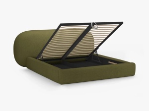 PAT TAPITAT, OVALO, 140x200, VERDE MASLINIU INCHIS, SOMIERA RABATABILA, CU TAPITERIE DIN TEXTIL BOUCLE BALOO, MICADONI - Img 4