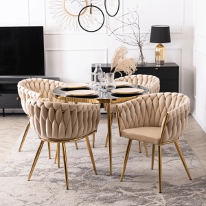 SCAUN DINING, ARTIM MEBLE, REALIZAT DIN METAL SI CATIFEA, CULOARE CREM/AURIE, STIL MODERN - Img 2