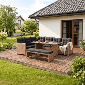 SET MOBILIER DE GRADINA/TERASA, LIMPIO, ARTIM MEBLE, DIN TEHNORATAN, TEXTIL SI STICLA, CULOARE MARO/NEGRU