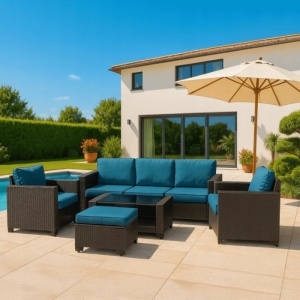 SET MOBILIER DE GRADINA/TERASA, OLIMPIA, ARTIM MEBLE, DIN TECHNORATAN SI STICLA, CULOARE GRI/ALBASTRU