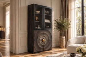 VITRINA LIVING GOLDEN SUNSET 180CM, MODEL 3D, REALIZAT DIN LEMN DE MANGO, STICLA SI PICIOARE DIN METAL, CULOARE NEGRU/AURIU - Img 4