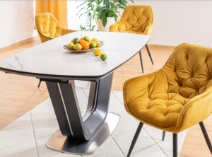 4 BUC IN STOC!!!! SCAUN DINING CHERRY, CURRY BLUVEL 68/NEGRU MAT, TAPITERIE DIN CATIFEA SI PICIOARE DIN METAL, STIL MODERN - Img 4