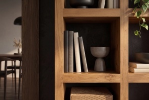 BIBLIOTECA LIVING MAKASSAR 180CM, 8 COMPARTIMENTE, REALIZATA DIN LEMN DE MANGO, CULOARE MARO NATUR - Img 2