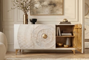 BUFET LIVING GOLDEN SUNSET 140CM, REALIZAT DIN LEMN DE MANGO, DE CULOARE ALB/AURIU, MODEL 3D, ARTIM GROUP - Img 12
