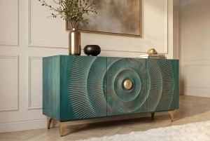 BUFET LIVING GOLDEN SUNSET 140CM, REALIZAT DIN LEMN DE MANGO, DE CULOARE TURCOAZ/AURIU, MODEL 3D, ARTIM GROUP - Img 6