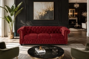 CANAPEA ELEGANTA CHESTERFIELD 205CM, DIN LEMN SI TEXTIL CATIFEA, CULOARE ROSIE, INVICTA INTERIOR - Img 3