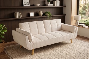CANAPEA EXTENSIBILA BOUTIQUE 215CM, 3 LOCURI, REALIZAT DIN LEMN SI CATIFEA RAIAT, CULOARE BEJ - Img 8