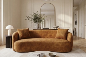 CANAPEA LIVING SEMIROTUNDA ELEMENTS, 180CM, 2 LOCURI, DIN LEMN SI MATERIAL CATIFEA, CULOARE GALBEN MUSTAR, INVICTA INTERIOR - Img 4