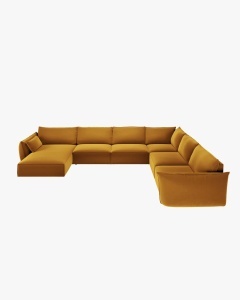 COLTAR CU 8 LOCURI, KAELLE, PE DREAPTA, 384 CM, GALBEN, TAPITAT CU TAPITERIE DIN TEXTIL CATIFEA BLUVEL, MICADONI