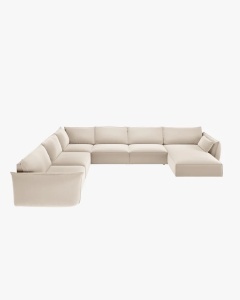 COLTAR CU 8 LOCURI, KAELLE, PE STANGA, 384 CM, BEJ DESCHIS, TAPITAT CU TAPITERIE DIN TEXTIL CATIFEA BLUVEL, MICADONI