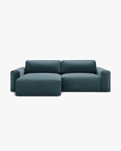 COLTAR EXTENSIBIL VICTOR, PE STANGA, ALBASTRU, 246X148 CM, TAPITAT CU TAPITERIE DIN TEXTIL CATIFEA PARIS, MICADONI