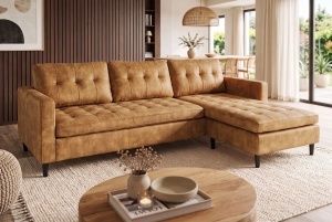 COLTAR MODERN STOCKHOLM 220CM, 3 LOCURI, CU SEZLONG, REALIZAT DIN TEXTIL FOARTE FIN- CATIFEA, CULOARE GALBEN MUSTAR - Img 6