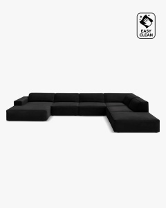 COLTAR PE DREAPTA JODIE, CU 7 LOCURI, 361X258 CM, ADANCIME SCAUN 62 CM, NEGRU, TAPITAT CU TAPITERIE DIN TEXTIL CATIFEA VENUS, MICADONI