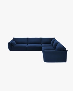 COLTAR SPATIOS SI CONFORTABIL KAELLE, 286 CM, CU 7 LOCURI, ALBASTRU ROYAL, CU TAPITERIE DIN TEXTIL CATIFEA BLUVEL, MICADONI