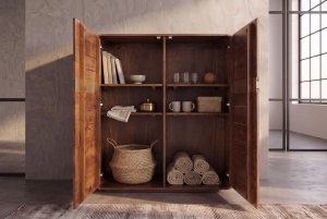 COMODA INALTA LIVING MONZA 120CM, REALIZATA DIN LEMN DE MANGO, DETALII AURII, CULOARE MARO/AURIU - Img 6