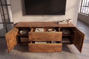 COMODA LIVING TV 160CM, REALIZATA DIN LEMN DE MANGO, DETALII AURII, CULOARE MARO/AURIU - Img 12