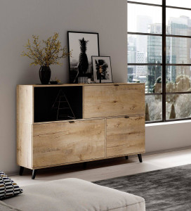COMODA NEST KM-1, 150X100 CM, STEJAR LEFKAS/NEGRU, DIN PAL MELAMINAT, POLIPROPILENA SI STICLA, STIL MODERN, HALMAR
