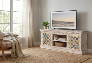 COMODA TV BAKHRA 150CM, REALIZATA DIN LEMN DE MANGO, CULOARE ALB ANTICHIZAT, GINER Y COLOMER - Img 2