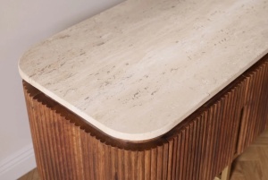 COMODA TV GATSBY 160CM, STIL RETRO, REALIZATA DIN LEMN MASIV DE MANGO SI TRAVERTIN, CULOARE MARO/AURIU, INVICTA INTERIOR - Img 2