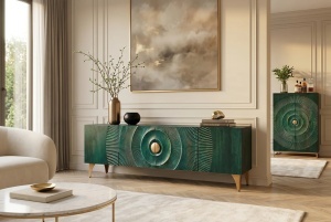 COMODA TV GOLDEN SUNSET 180CM, REALIZAT DIN LEMN DE MANGO, DE CULOARE TURCOAZ, MODEL 3D, ARTIM GROUP - Img 10