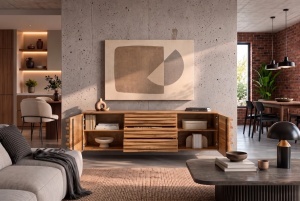COMODA TV RELIEF 175CM, REALIZATA DIN LEMN MASIV DE SALCAM, CULOARE NATUR, MONTAJ PE PERETE, INVICTA INTERIOR - Img 8