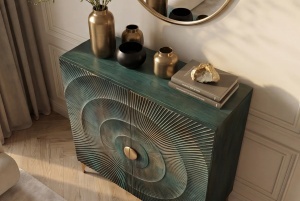 DULAP LIVING GOLDEN SUNSET 120CM, REALIZAT DIN LEMN DE MANGO, DE CULOARE TURCOAZ/MULTICOLOR, MODEL 3D, ARTIM GROUP - Img 5