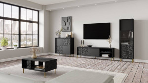 DULAP/VITRINA LIVING BULLET W-1, 185X55 CM, NEGRU/AURIU, MDF LAMINAT, PAL, STICLA SI METAL, STIL MODERN - Img 4