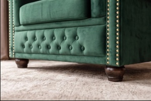 FOTOLIU CHESTERFIELD, REALIZAT DIN LEMN SI TEXTIL CATIFEA, CULOARE VERDE SMARALD, STIL CLASIC - Img 3