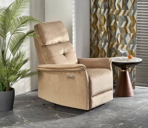 FOTOLIU CONFORTABIL SEMIR, BEJ, TAPITERIE DIN CATIFEA, CU FUNCTIE DE RABATARE SI PORT USB, STIL MODERN