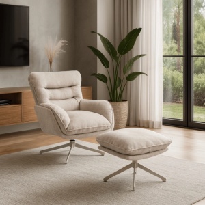 FOTOLIU CU TABURET, ARTIM MEBLE, REALIZAT DIN MATERIAL TEXTIL CREM SI METAL, STIL MODERN